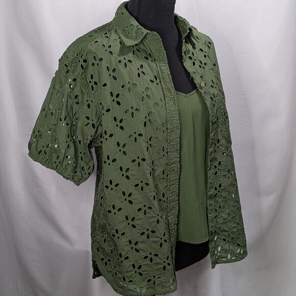 J.Crew Mozy Green Eyelet Top Sz 4 Puff Sleeve Boho Earthy Lagenlook Blouse - Picture 6 of 14